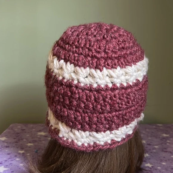 Handcrafted dark cherry Crochet Hat with Floral Accent medium extremely warm - Picture 5 of 10